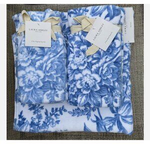 Laura Ashley Floral Toile Blue Cotton 2 Bath & 2 Hand & 2 Tip Towel Set 6pc